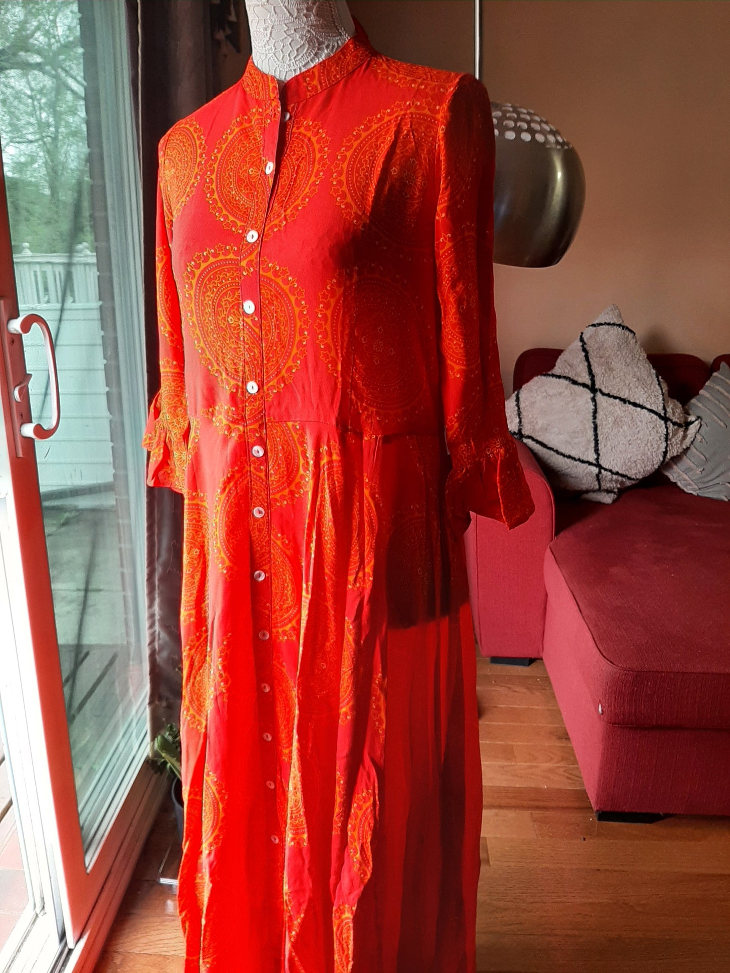 Red Rayon flowered Long Gown @ DressingStylesCA.com