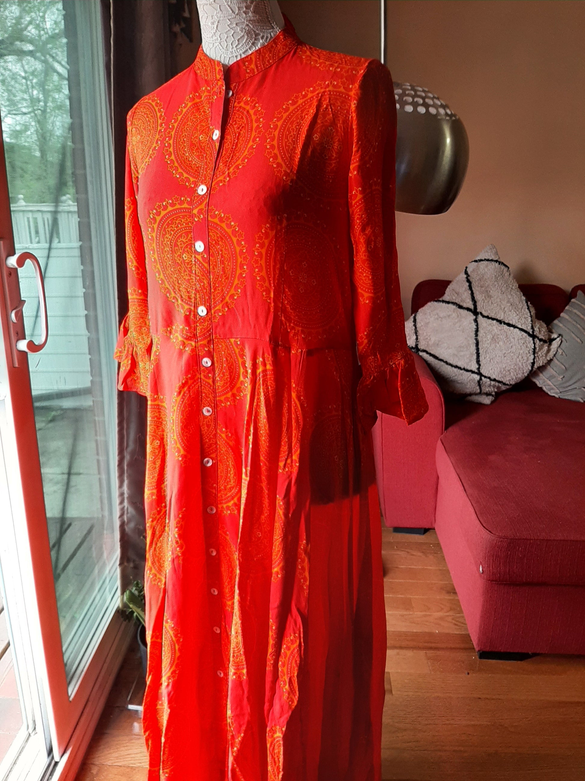 Red Rayon flowered Long Gown @ DressingStylesCA.com