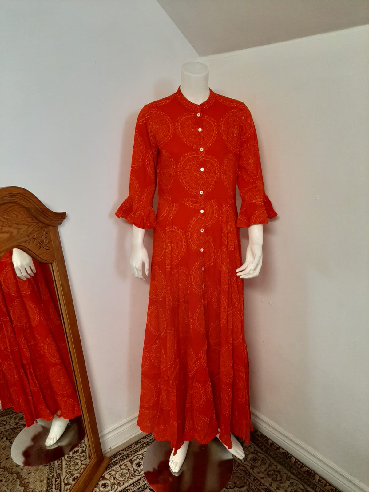 Red Rayon flowered Long Gown @ DressingStylesCA.com