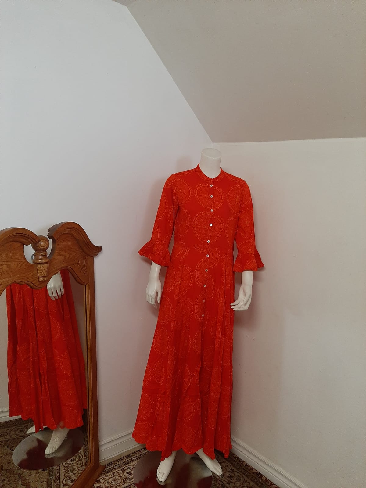 Red Rayon flowered Long Gown @ DressingStylesCA.com