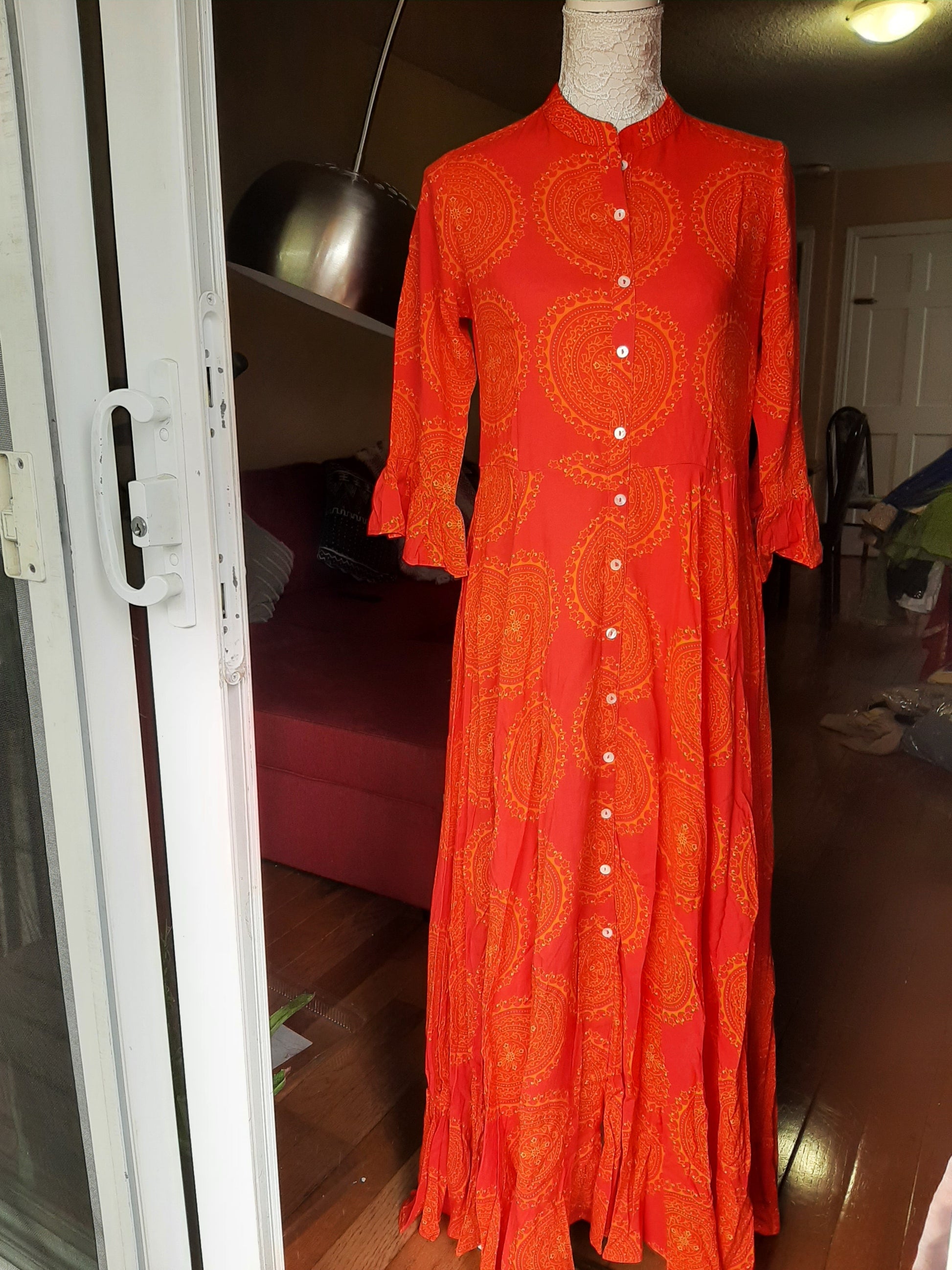 Red Rayon flowered Long Gown @ DressingStylesCA.com