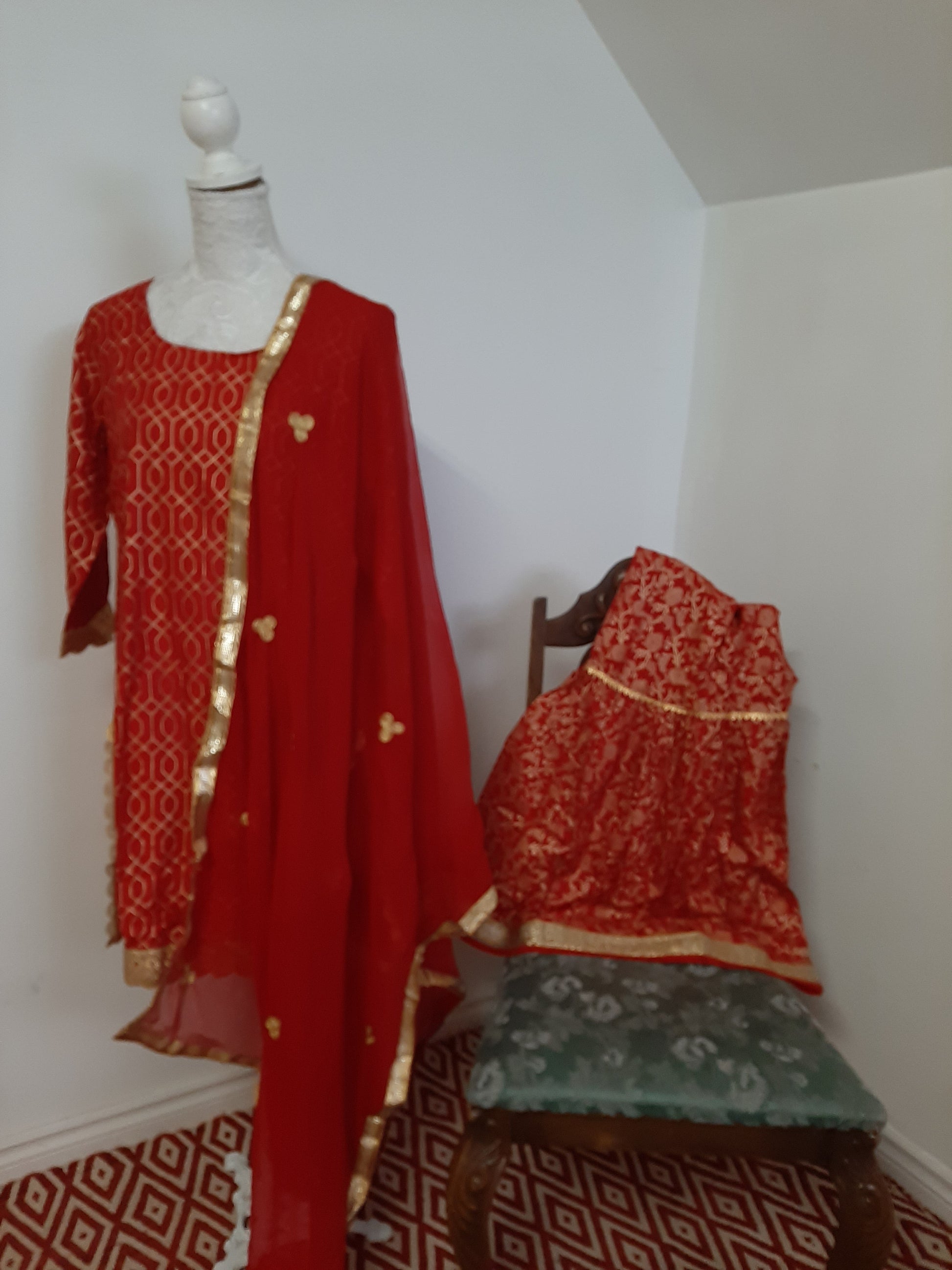 Red Short Kurti & Gharara with Dupatta Suit @ DressingStylesCA.com