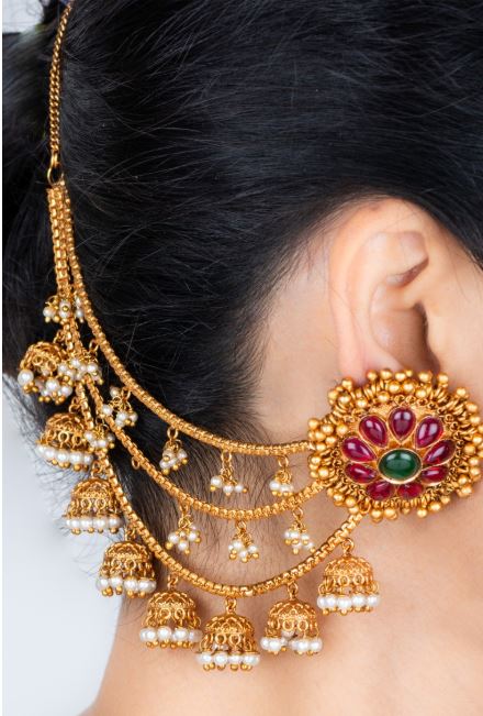 Red and green stone Earrings With Maatal embelished with drops @ DressingStylesCA.com