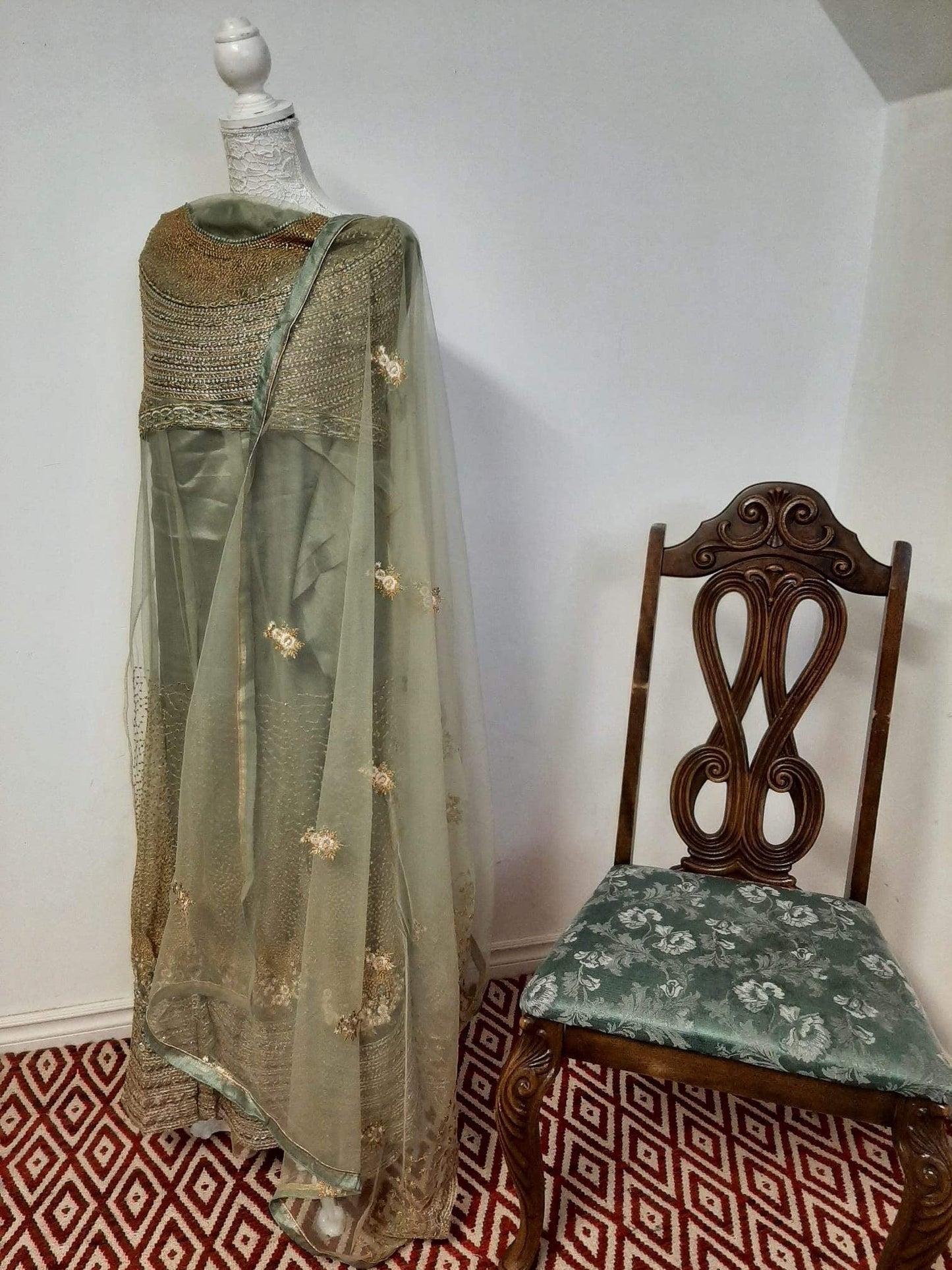 Sage Green:- Long Glossy Dress @ DressingStylesCA.com