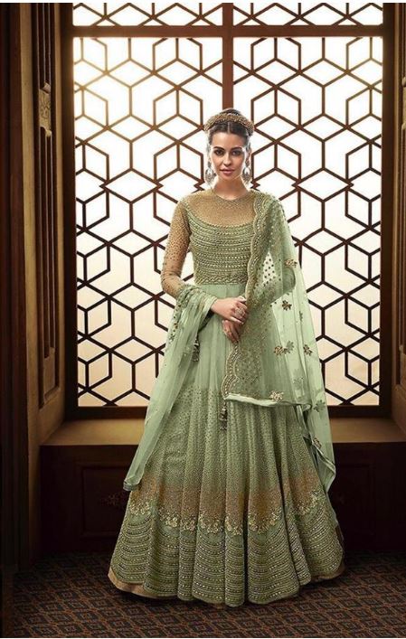 Sage Green:- Long Glossy Dress @ DressingStylesCA.com