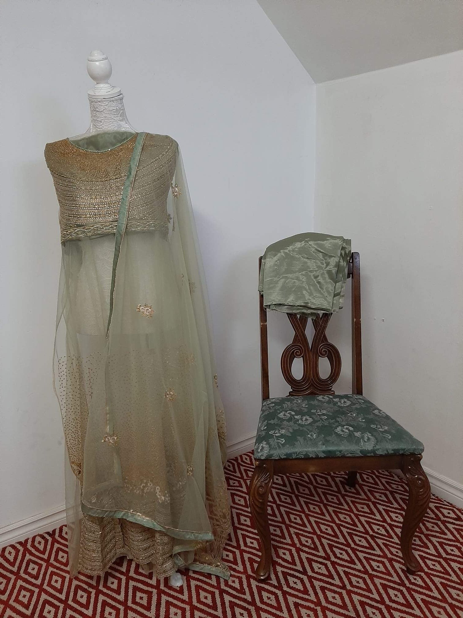 Sage Green:- Long Glossy Dress @ DressingStylesCA.com