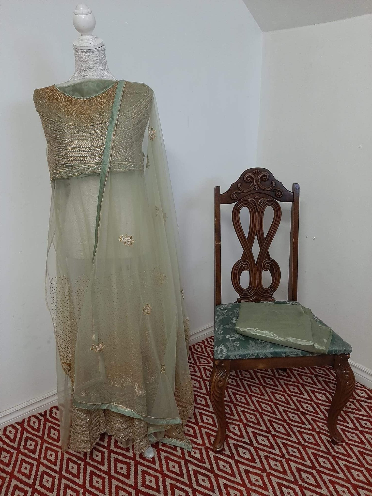 Sage Green:- Long Glossy Dress @ DressingStylesCA.com