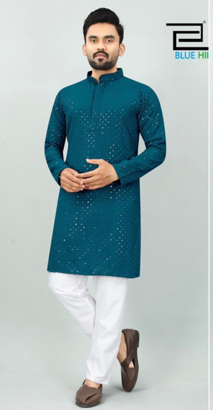 Turquoise Blue Rayon Chikan kurta set @ DressingStylesCA.com