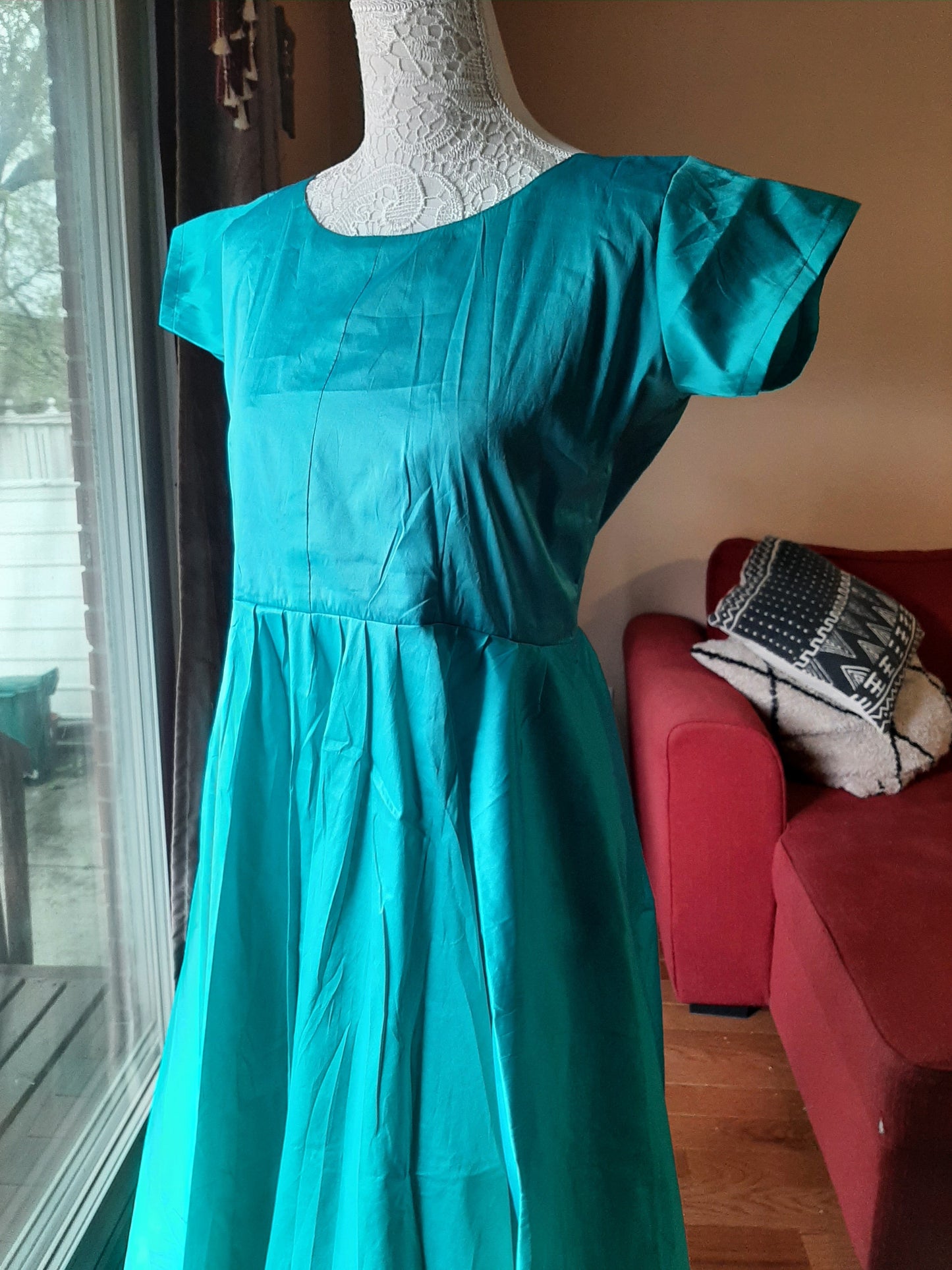 Turquoise Blue with Short Sleeves- Long Gown @ DressingStylesCA.com