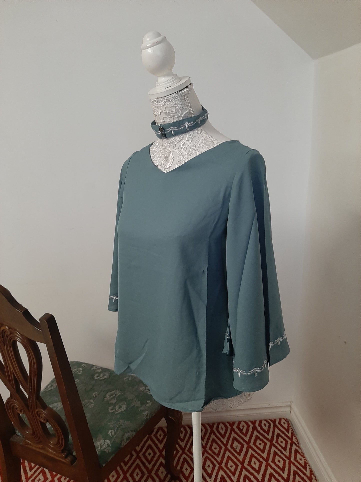 Turquoise Green Embroidered Choker Neck Top @ DressingStylesCA.com