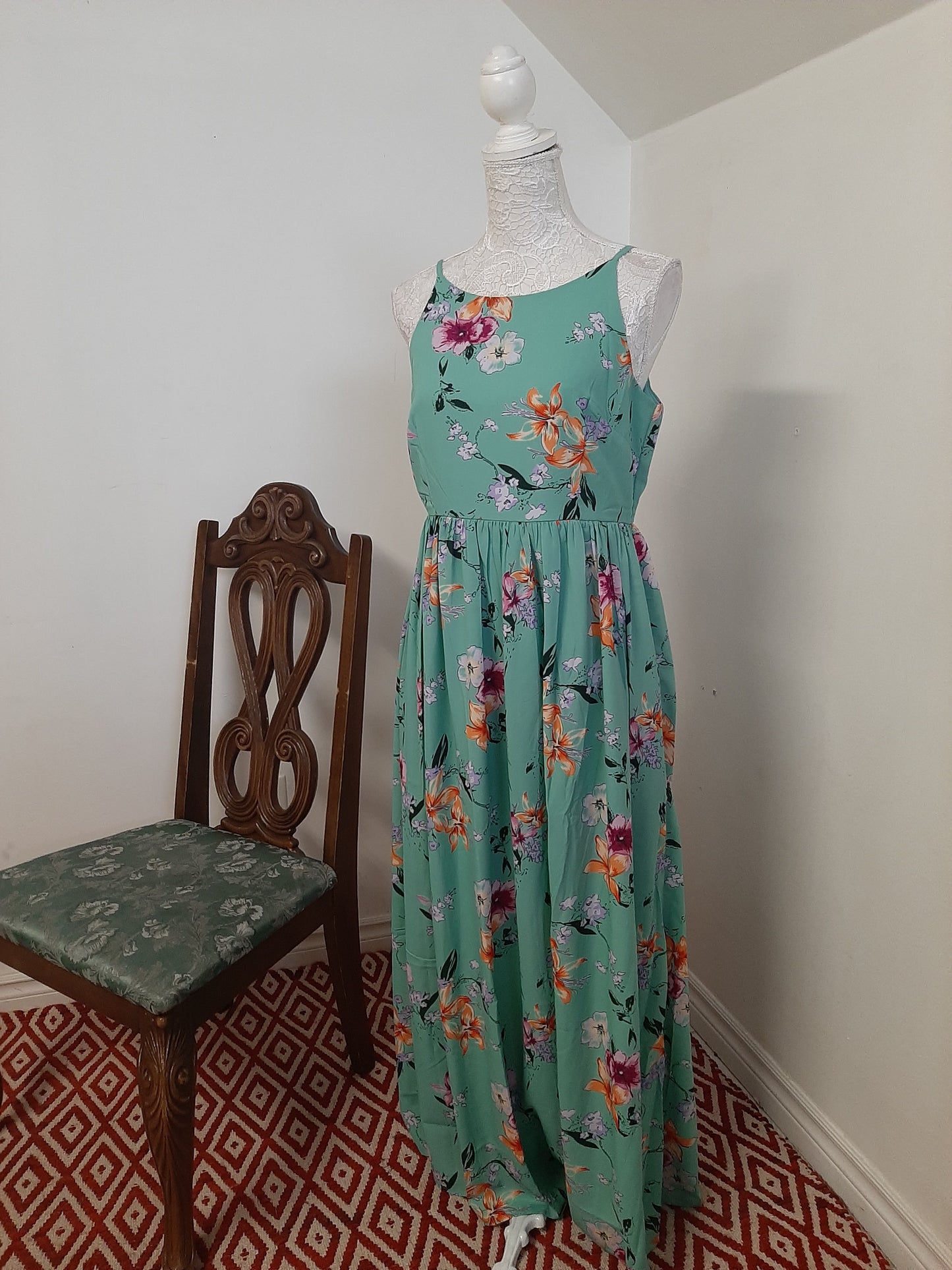 Turquoise Green Floral Strappy Maxi Dress @ DressingStylesCA.com