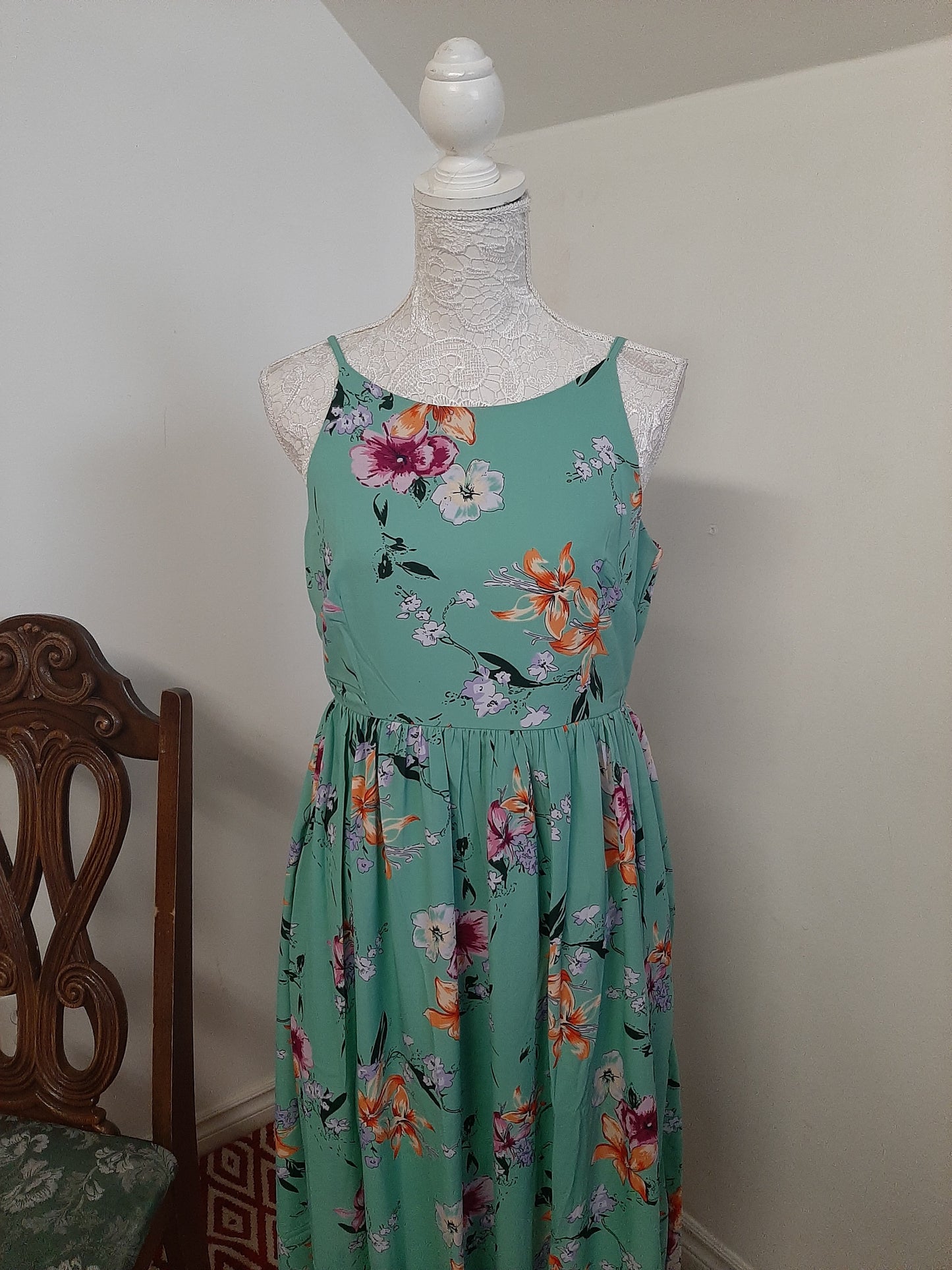 Turquoise Green Floral Strappy Maxi Dress @ DressingStylesCA.com