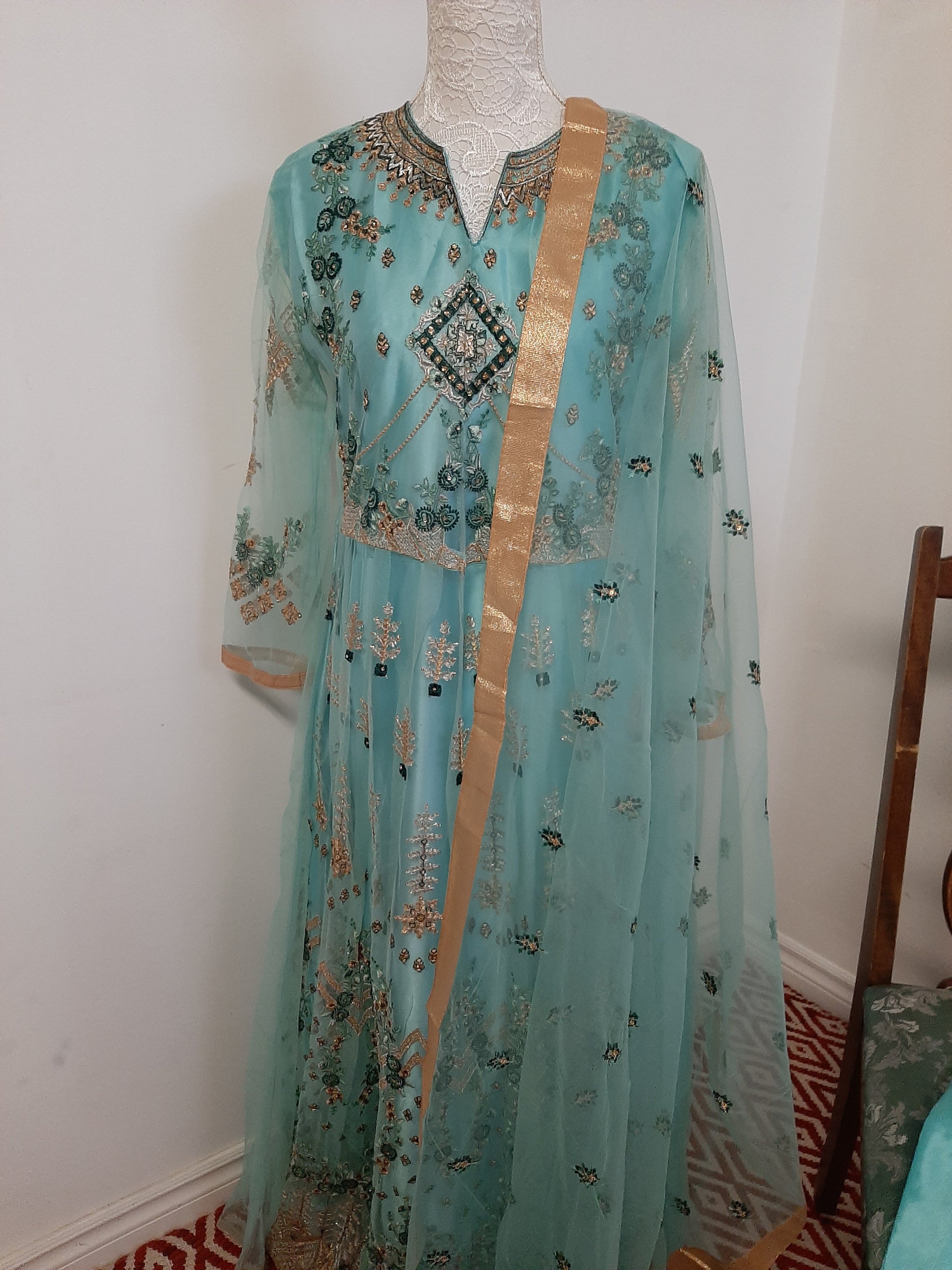 Turquoise Green Long Gown @ DressingStylesCA.com