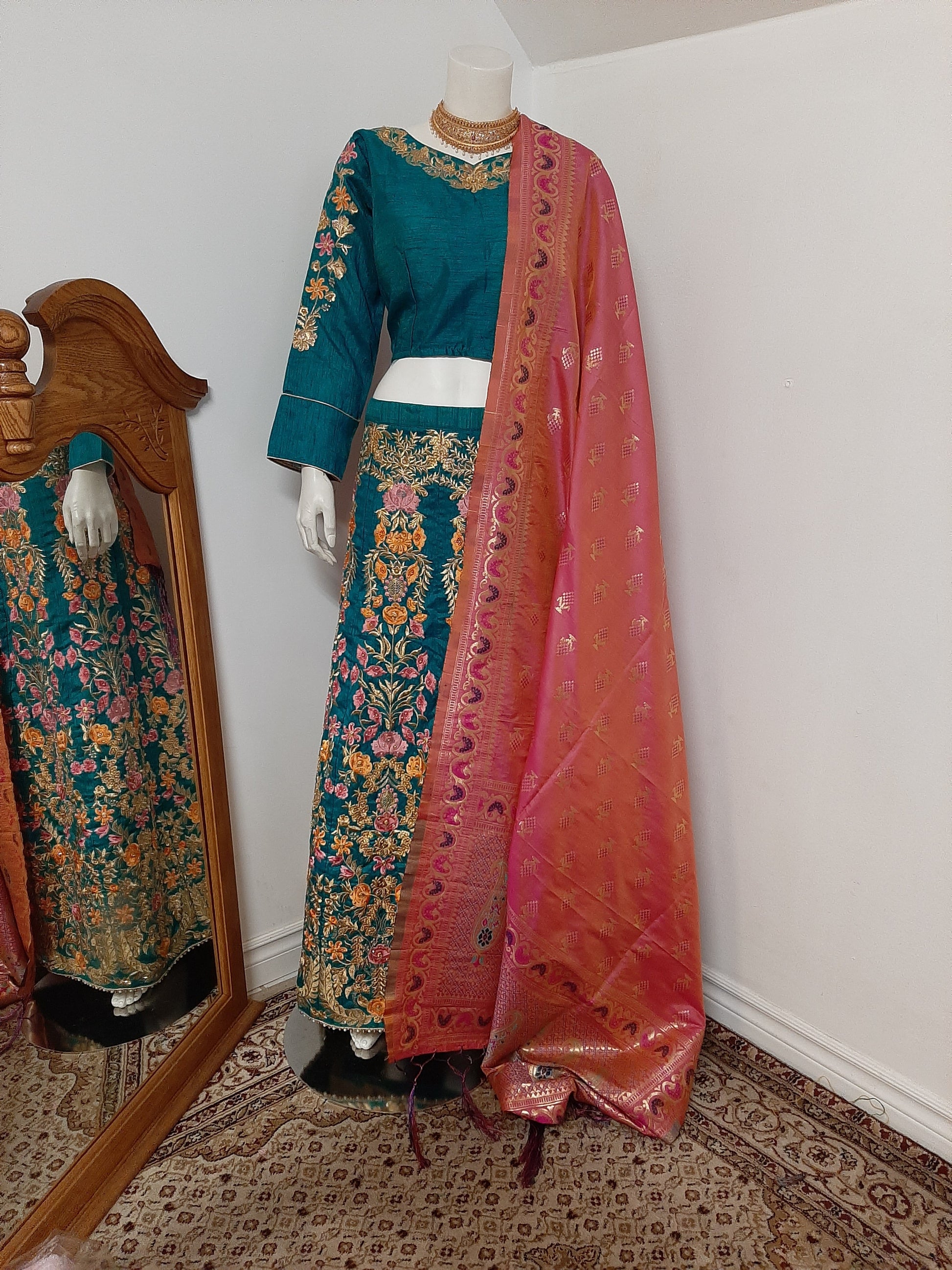 Turquoise green Lehenga with Multi colore thread and bead works @ DressingStylesCA.com