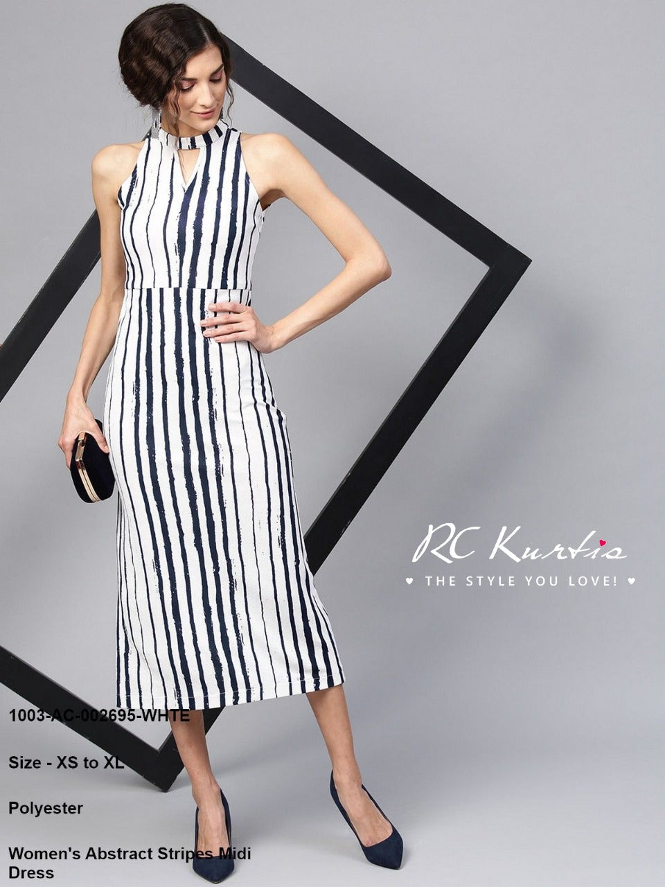 White Abstract Stripes Midi Dress @ DressingStylesCA.com
