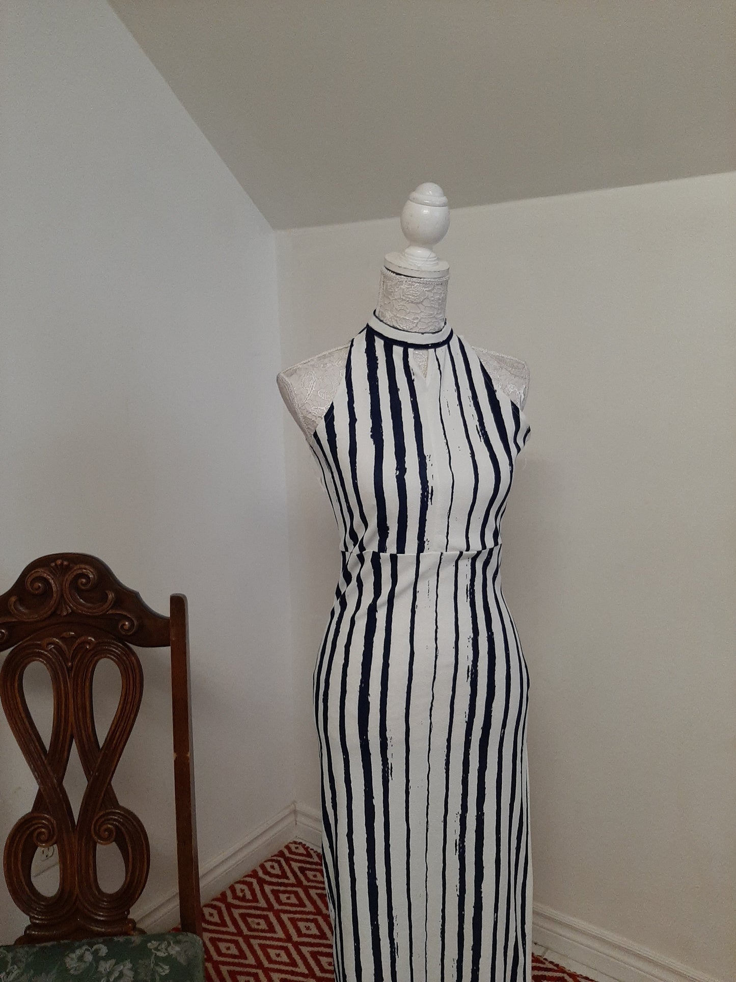 White Abstract Stripes Midi Dress @ DressingStylesCA.com