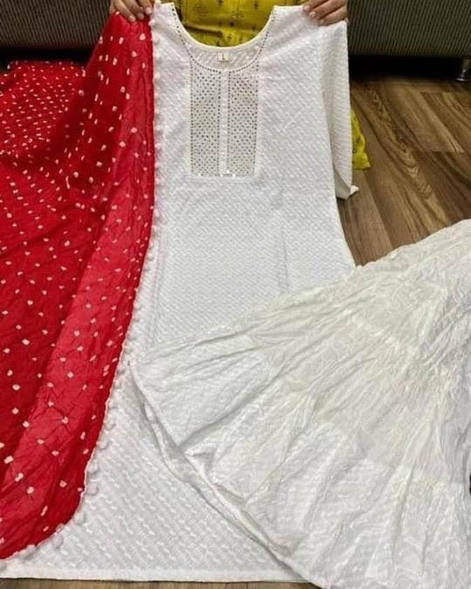 White Cotton Chikankari Kurit with Flared Gharara @ DressingStylesCA.com