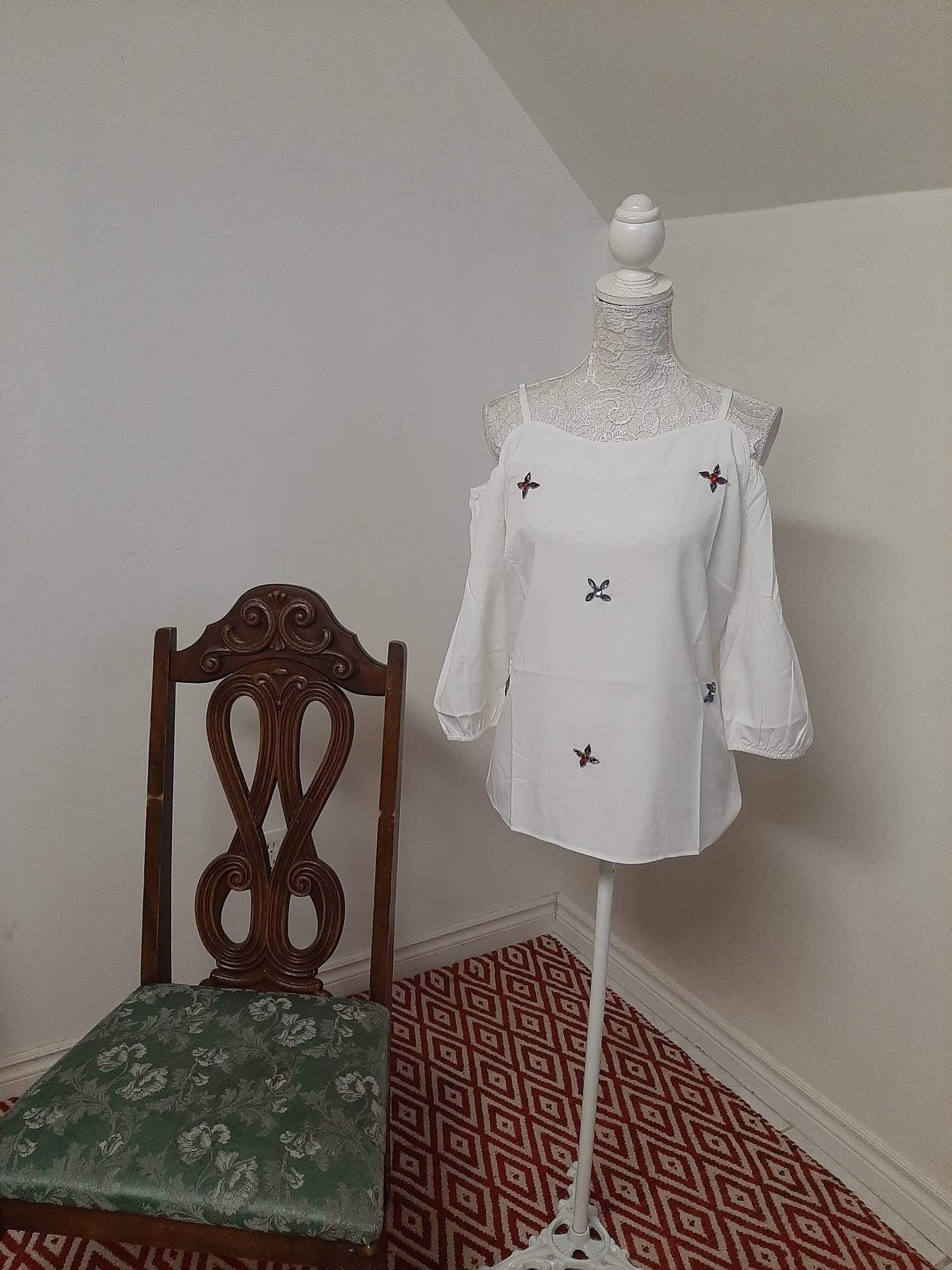 White Embellished Open Shoulder Top @ DressingStylesCA.com