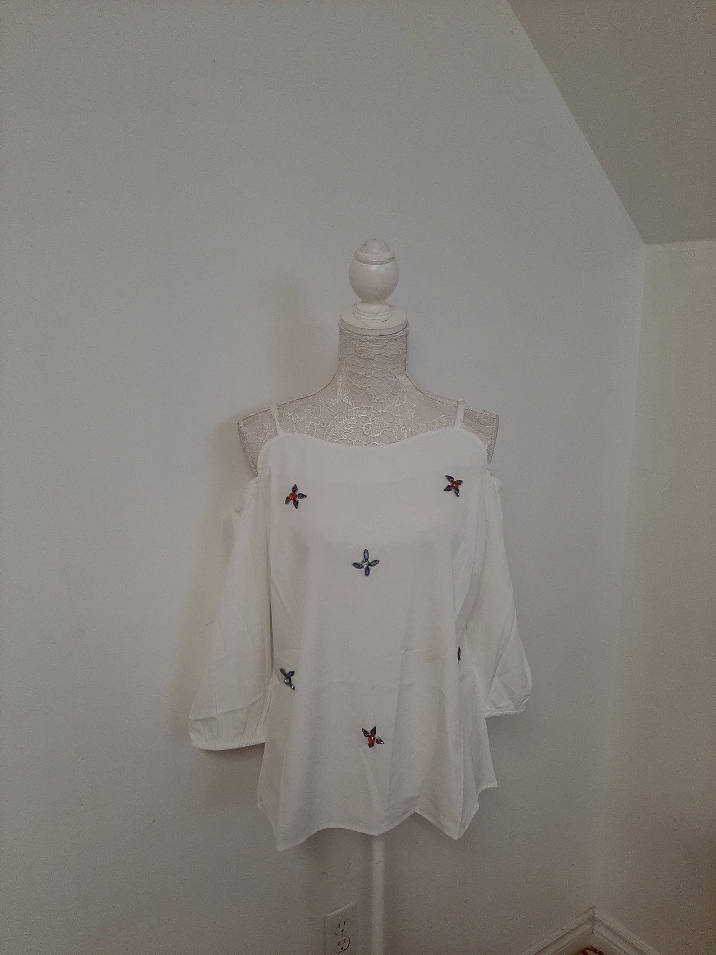 White Embellished Open Shoulder Top @ DressingStylesCA.com