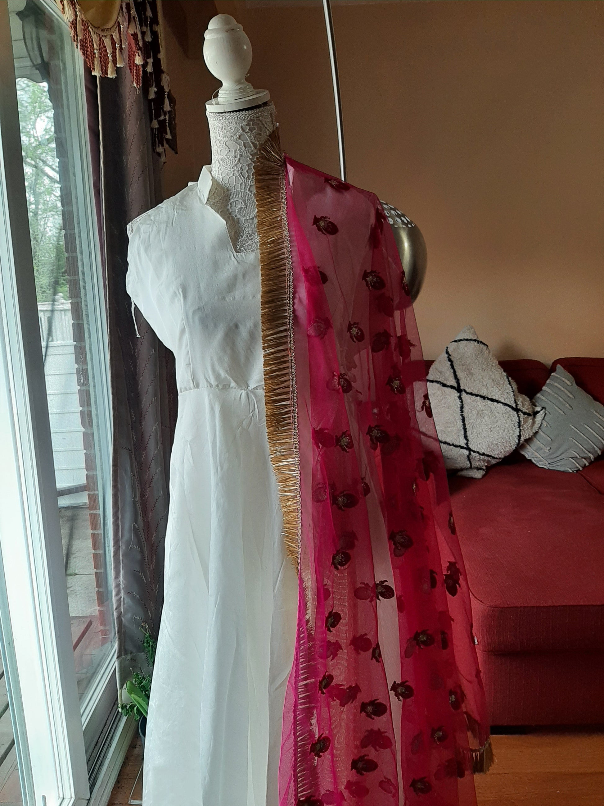 White Long Gown with Pink Dupatta @ DressingStylesCA.com