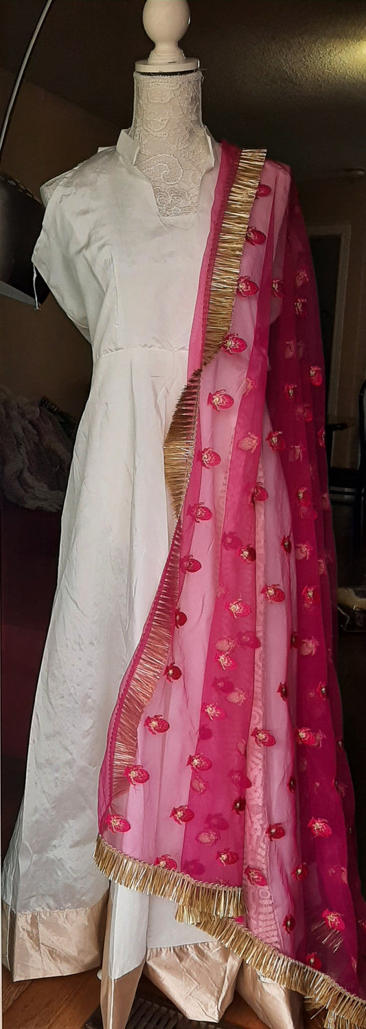 White Long Gown with Pink Dupatta @ DressingStylesCA.com