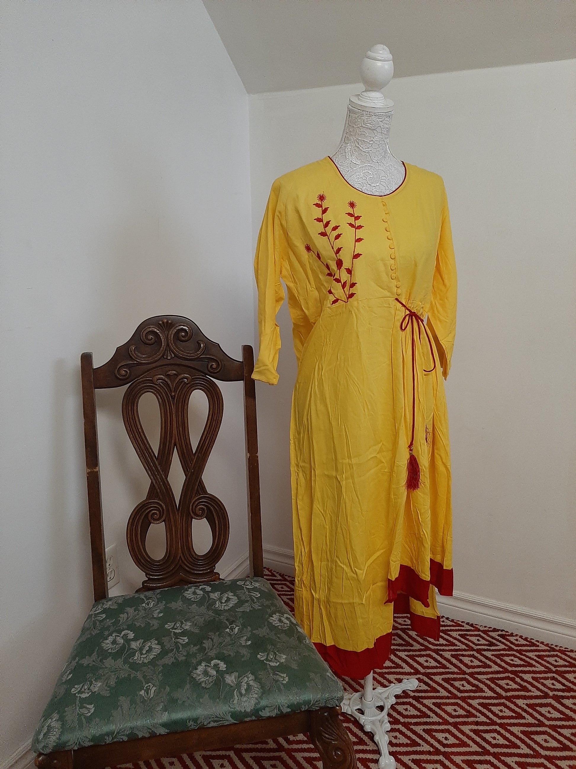 Yellow Cotton Kurti with Red Border @ DressingStylesCA.com