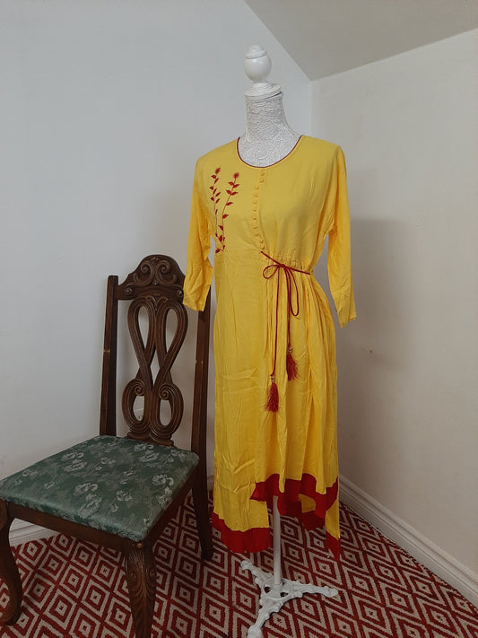 Yellow Cotton Kurti with Red Border @ DressingStylesCA.com