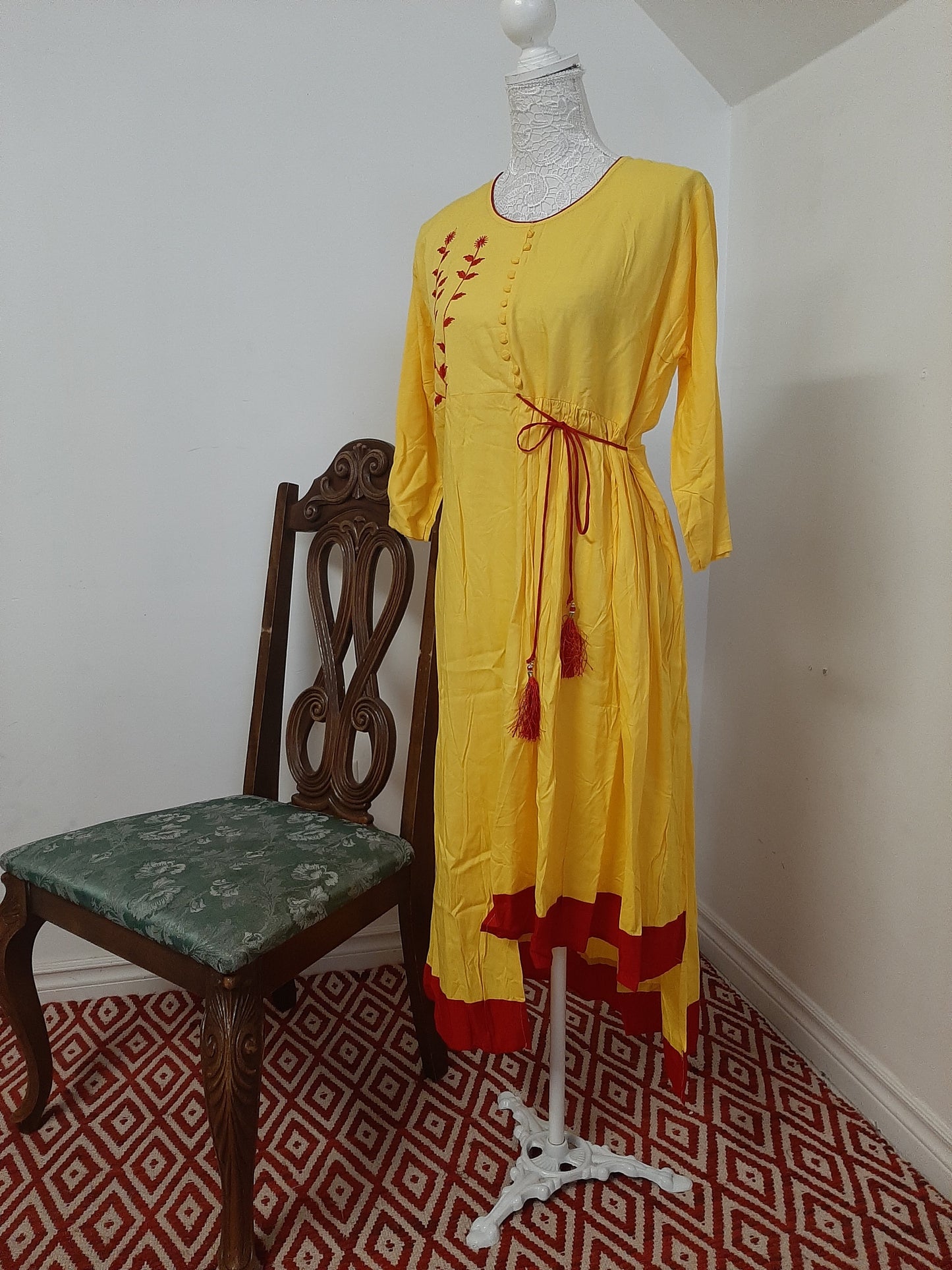 Yellow Cotton Kurti with Red Border @ DressingStylesCA.com