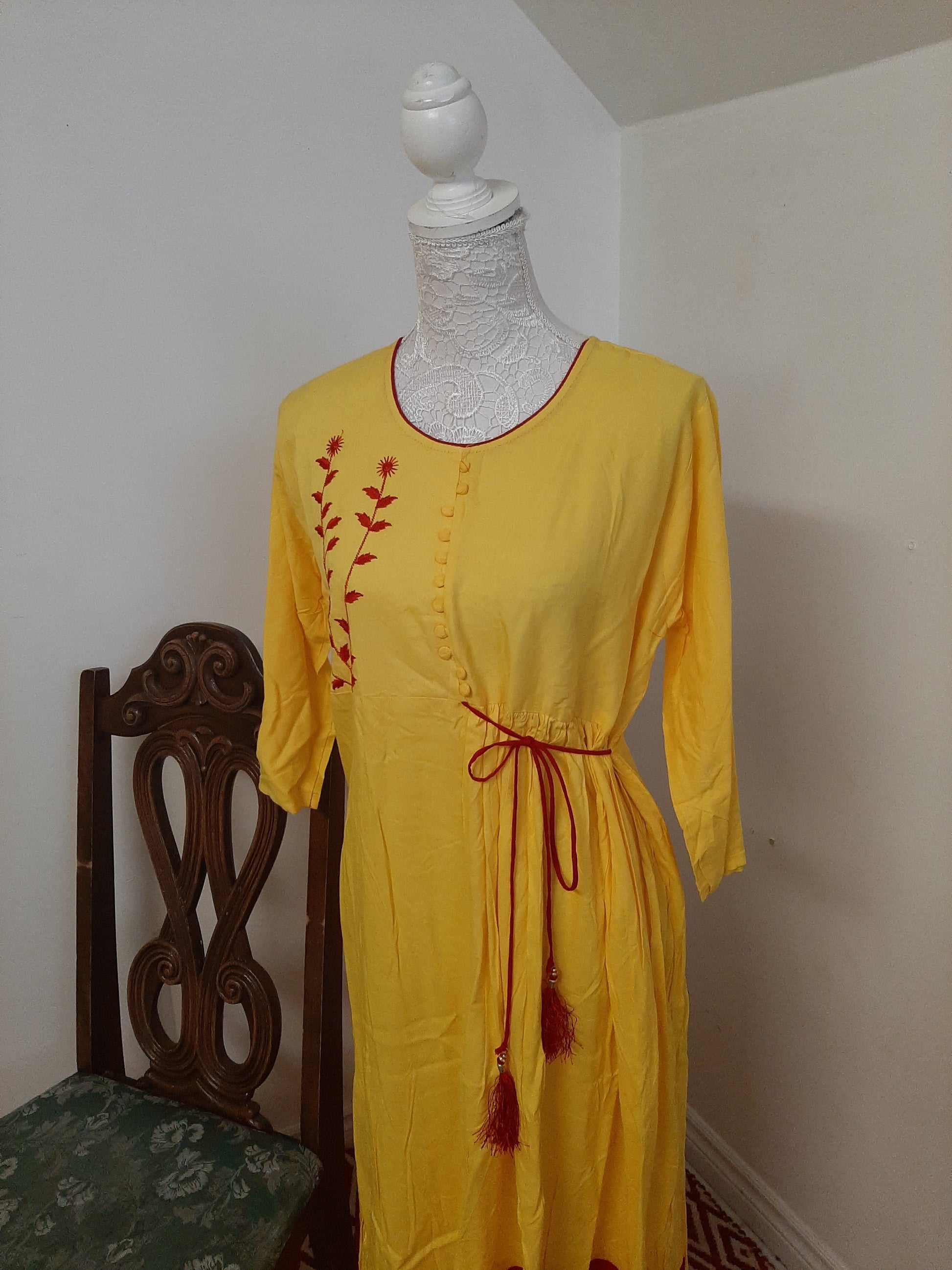 Yellow Cotton Kurti with Red Border @ DressingStylesCA.com