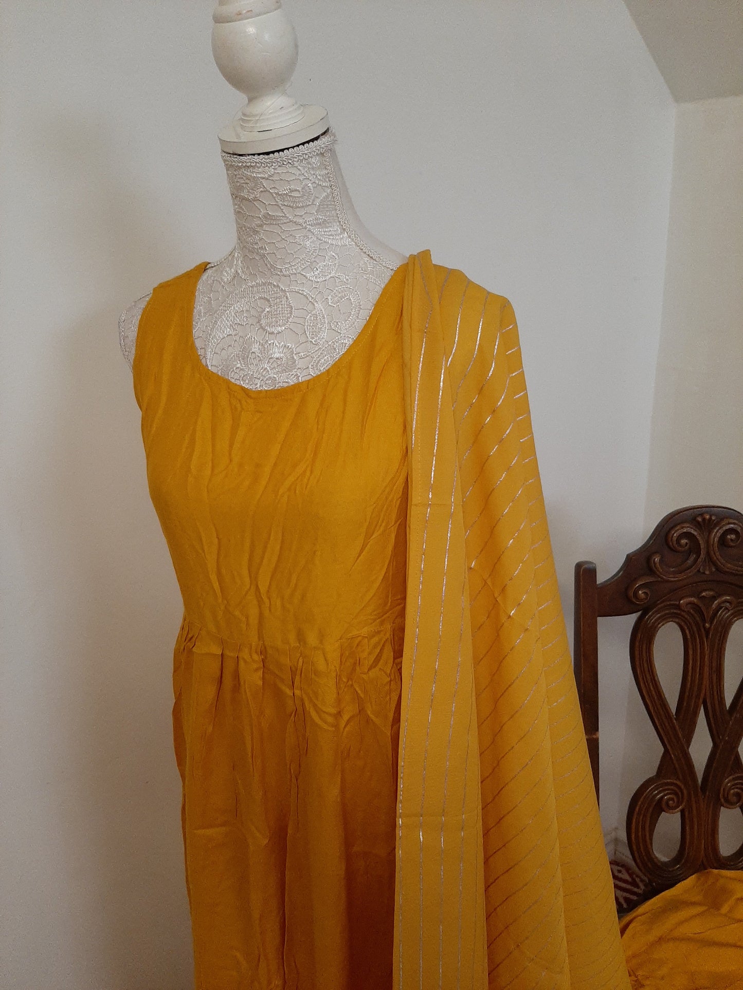 Yellow Kurti with Silver line Dupatta @ DressingStylesCA.com