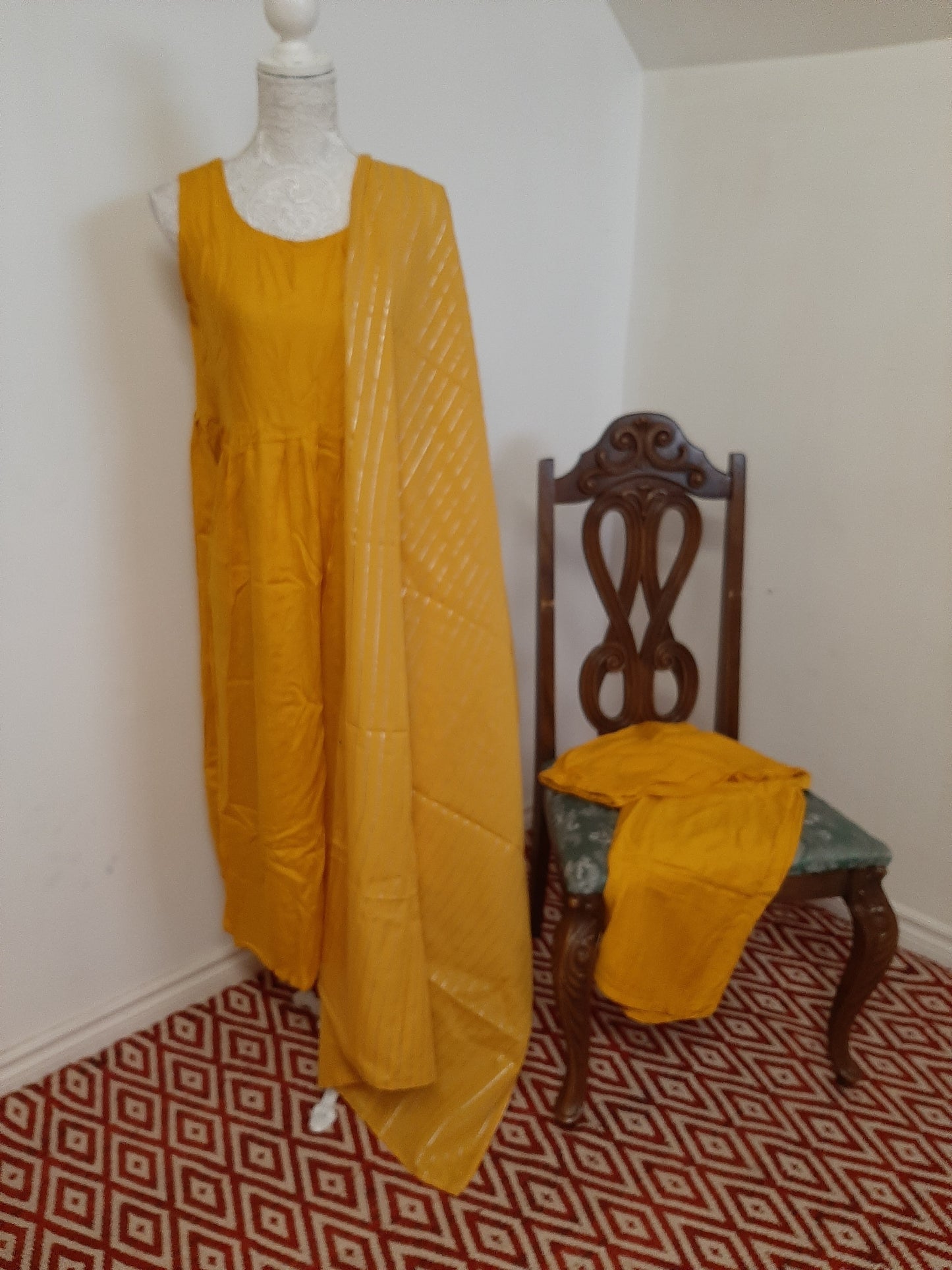 Yellow Kurti with Silver line Dupatta @ DressingStylesCA.com
