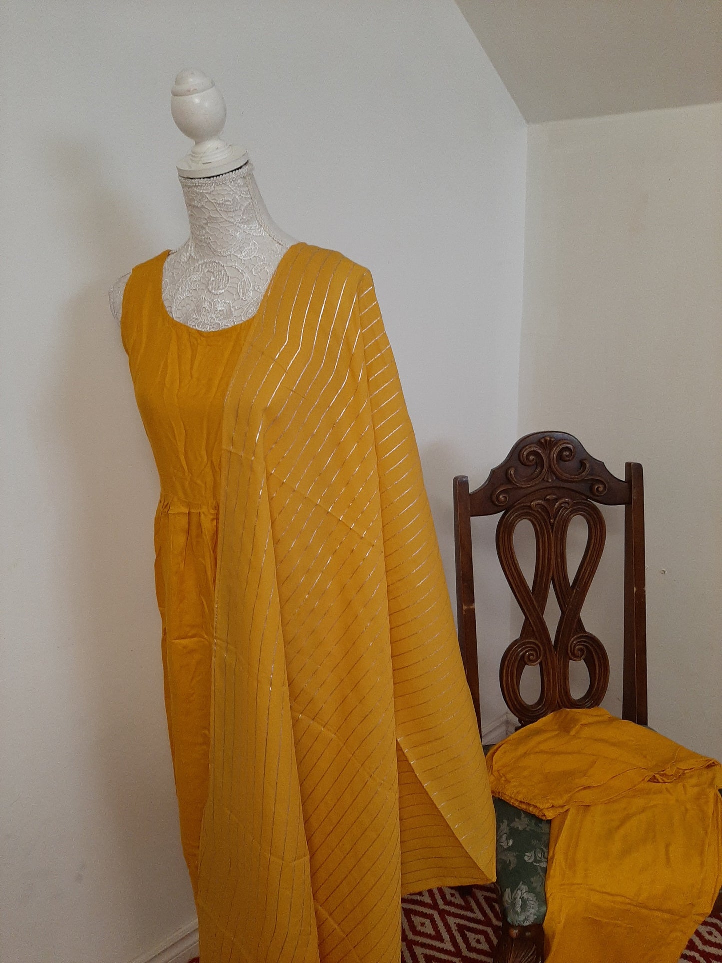 Yellow Kurti with Silver line Dupatta @ DressingStylesCA.com