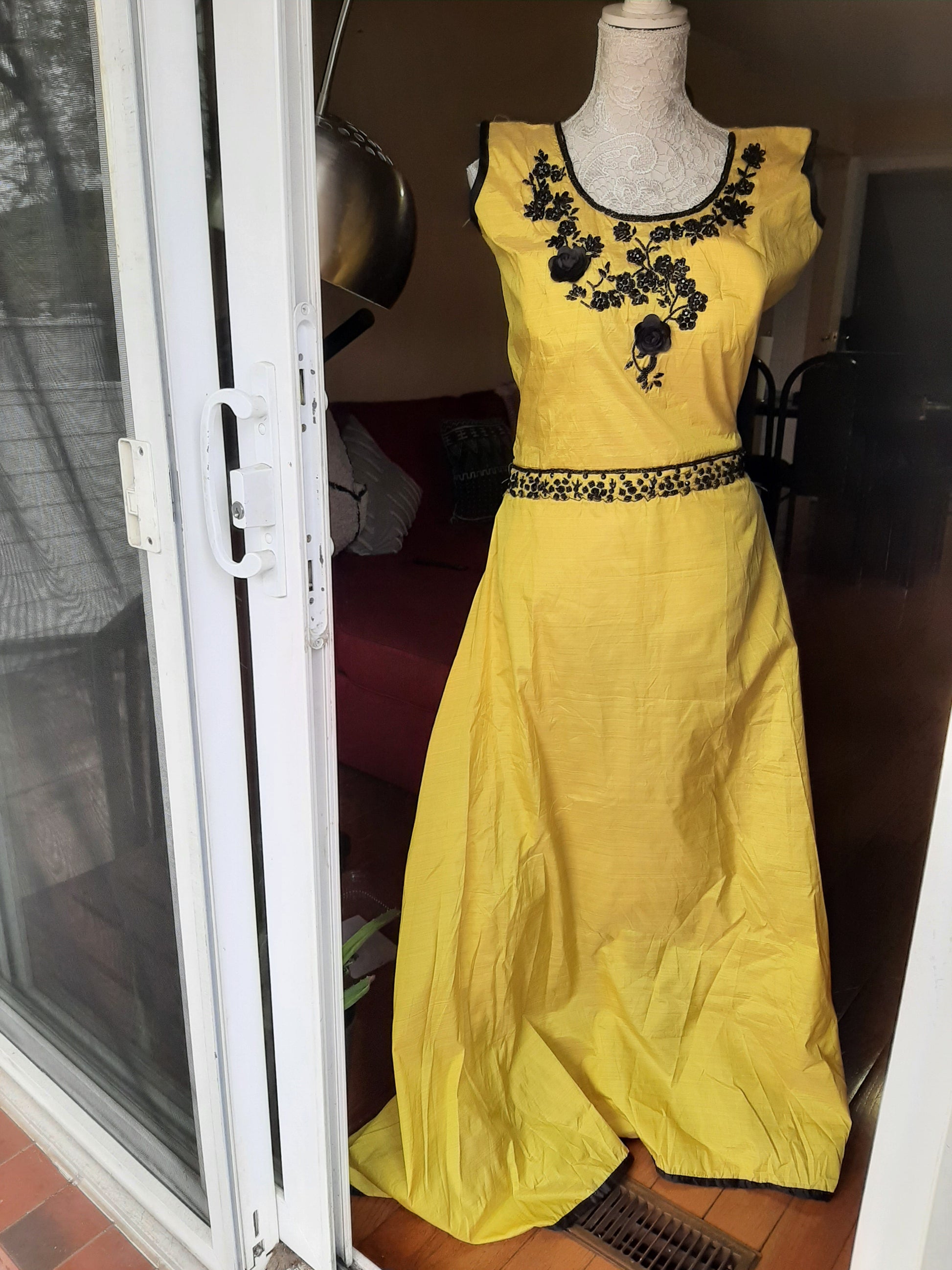 Yellow Long Gown with Black Embroidery @ DressingStylesCA.com
