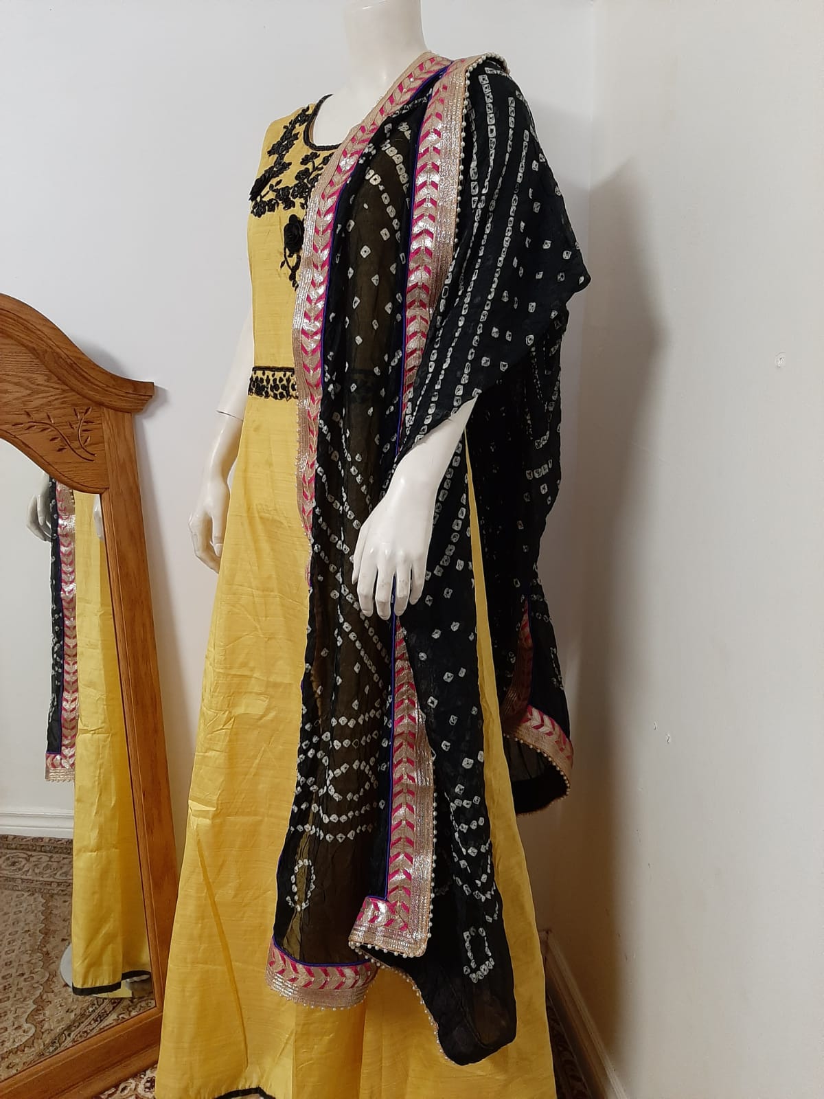 Yellow Long Gown with Black Embroidery @ DressingStylesCA.com