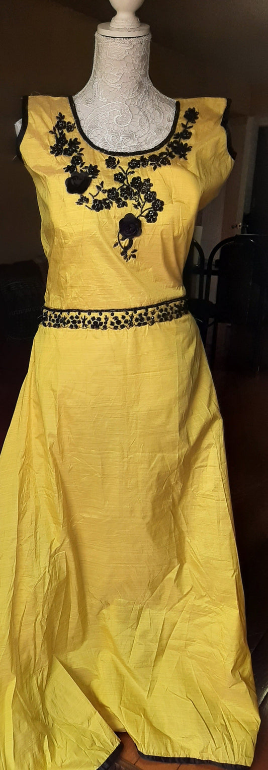 Yellow Long Gown with Black Embroidery @ DressingStylesCA.com