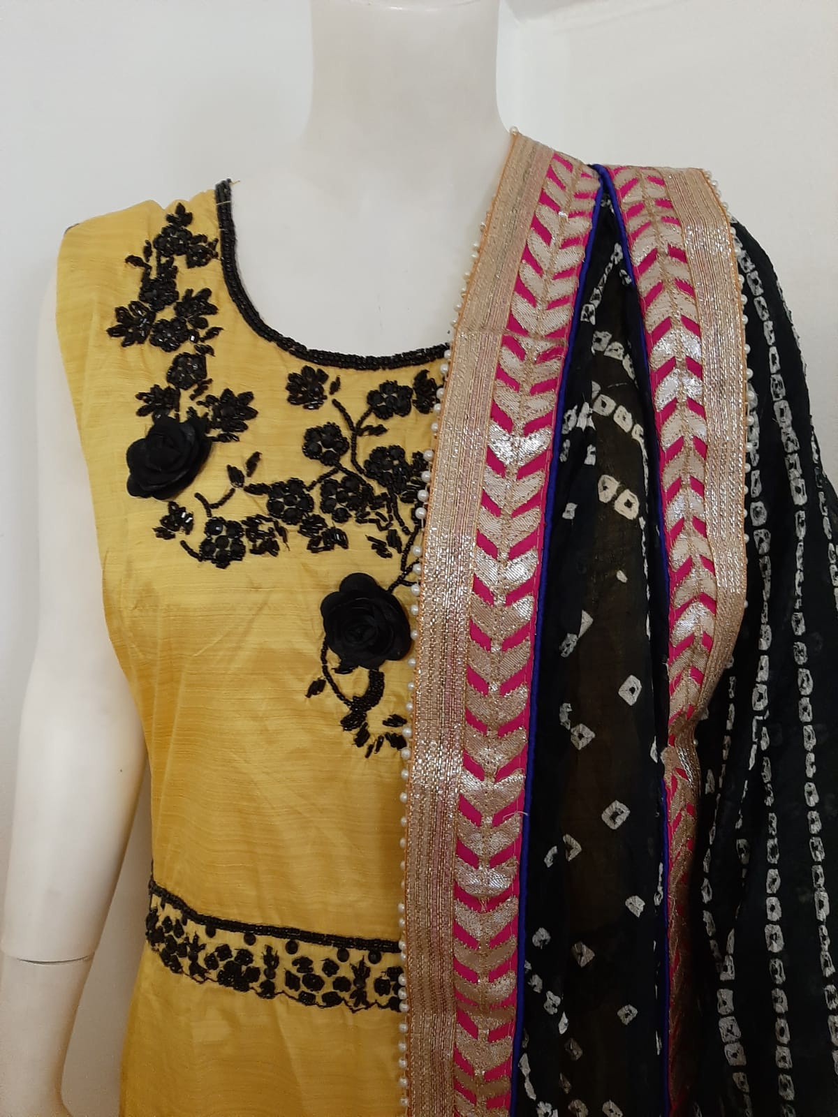Yellow Long Gown with Black Embroidery @ DressingStylesCA.com