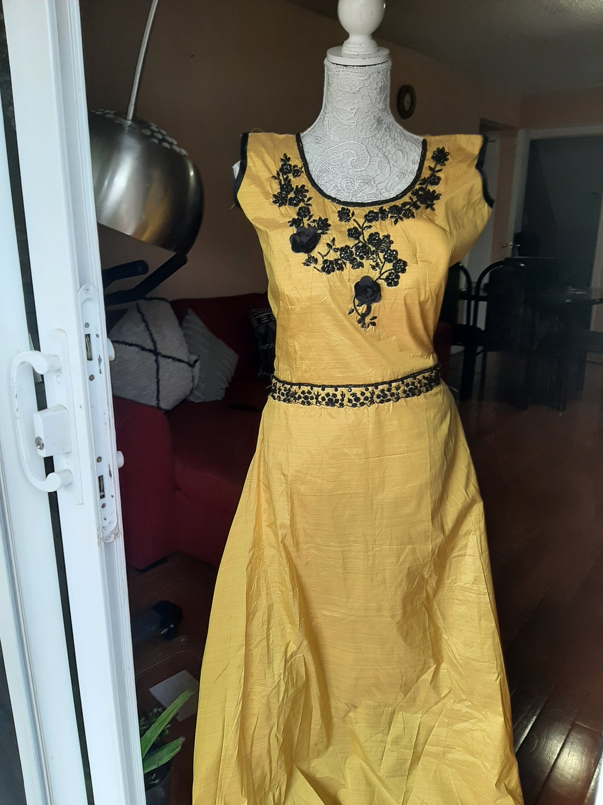 Yellow Long Gown with Black Embroidery @ DressingStylesCA.com