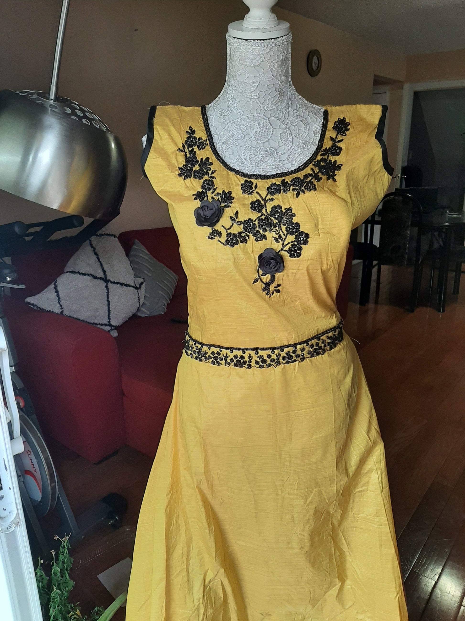 Yellow Long Gown with Black Embroidery @ DressingStylesCA.com