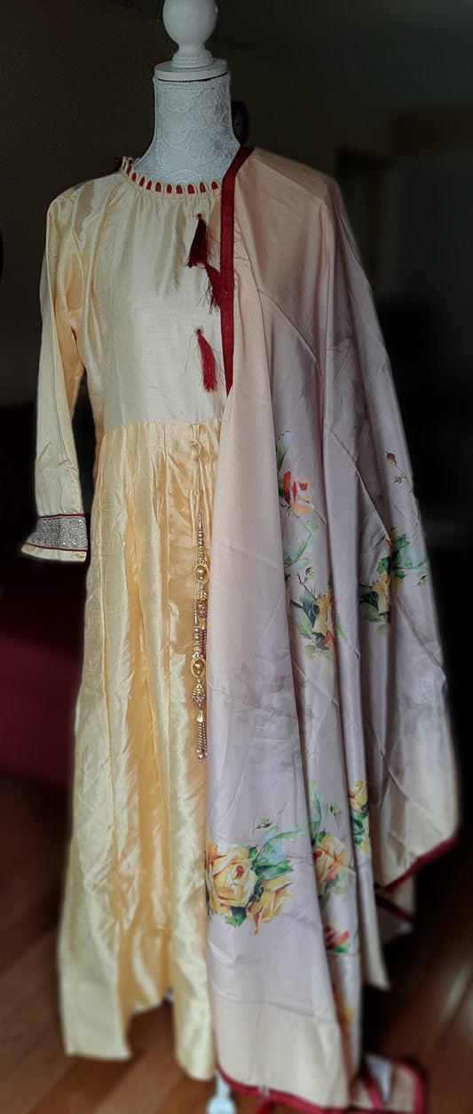 Yellow Long Gown with Design Dupatta @ DressingStylesCA.com