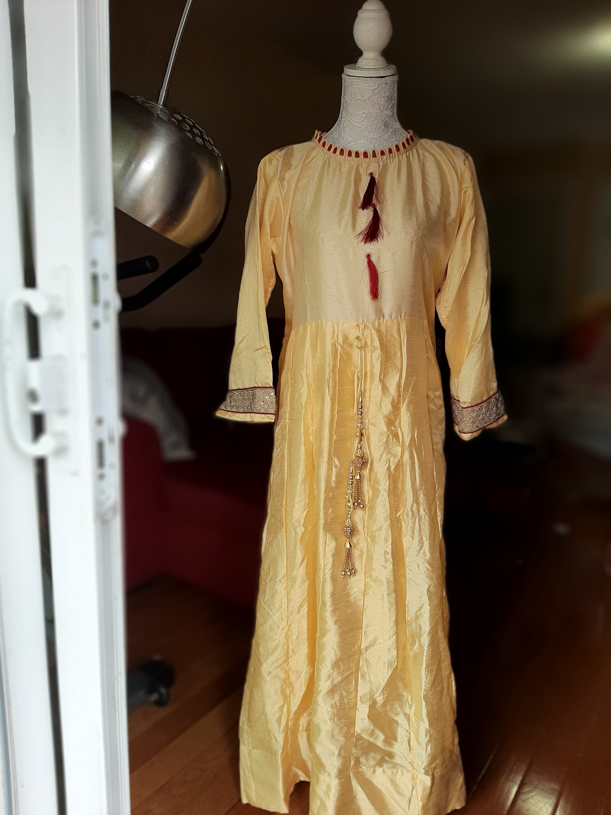 Yellow Long Gown with Design Dupatta @ DressingStylesCA.com