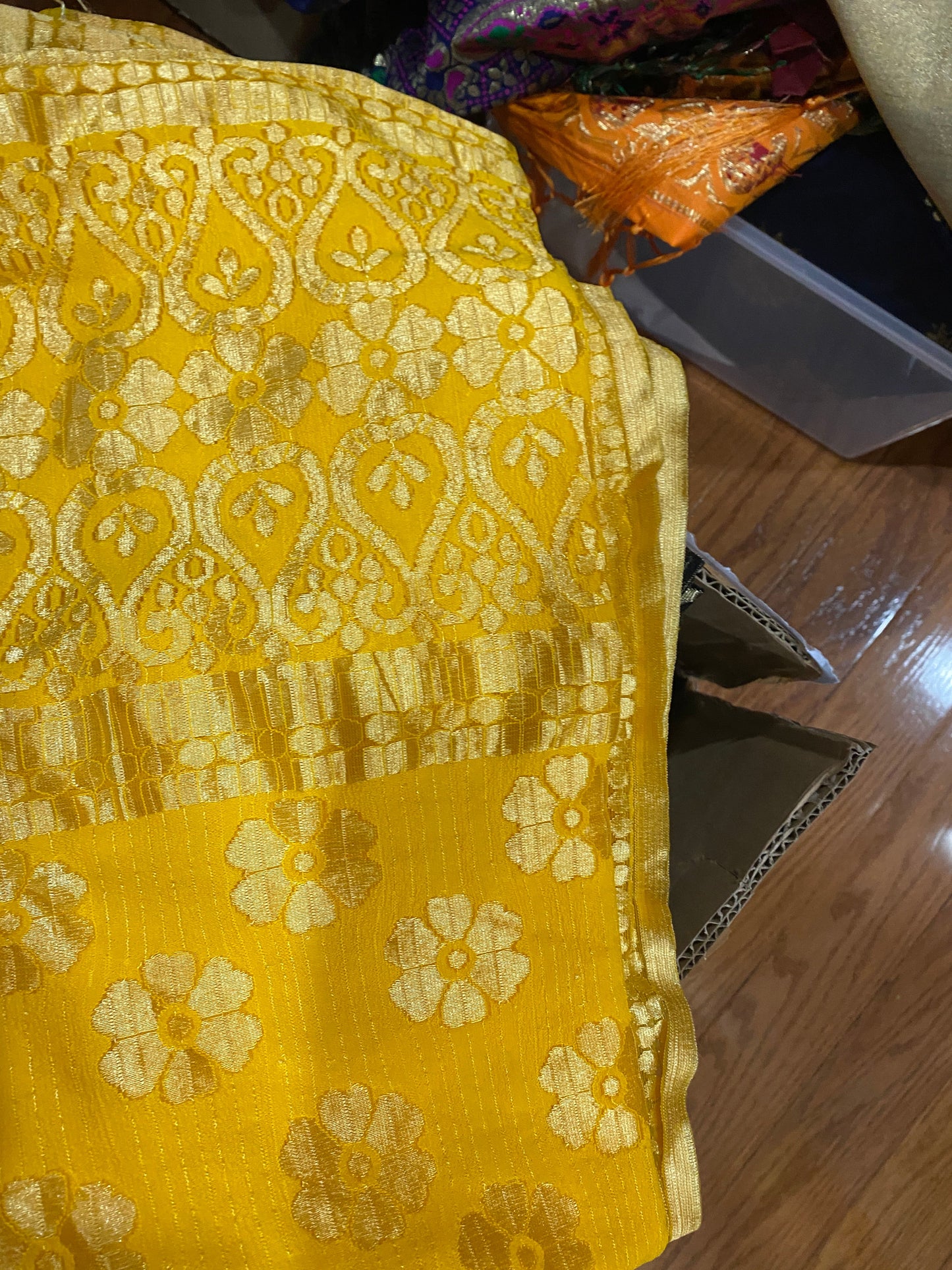 Yellow with Golden Border Dupatta - Fancy material @ DressingStylesCA.com