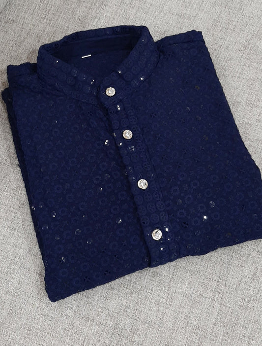 Dark Blue Rayon Chikan kurta set @ DressingStylesCA.com