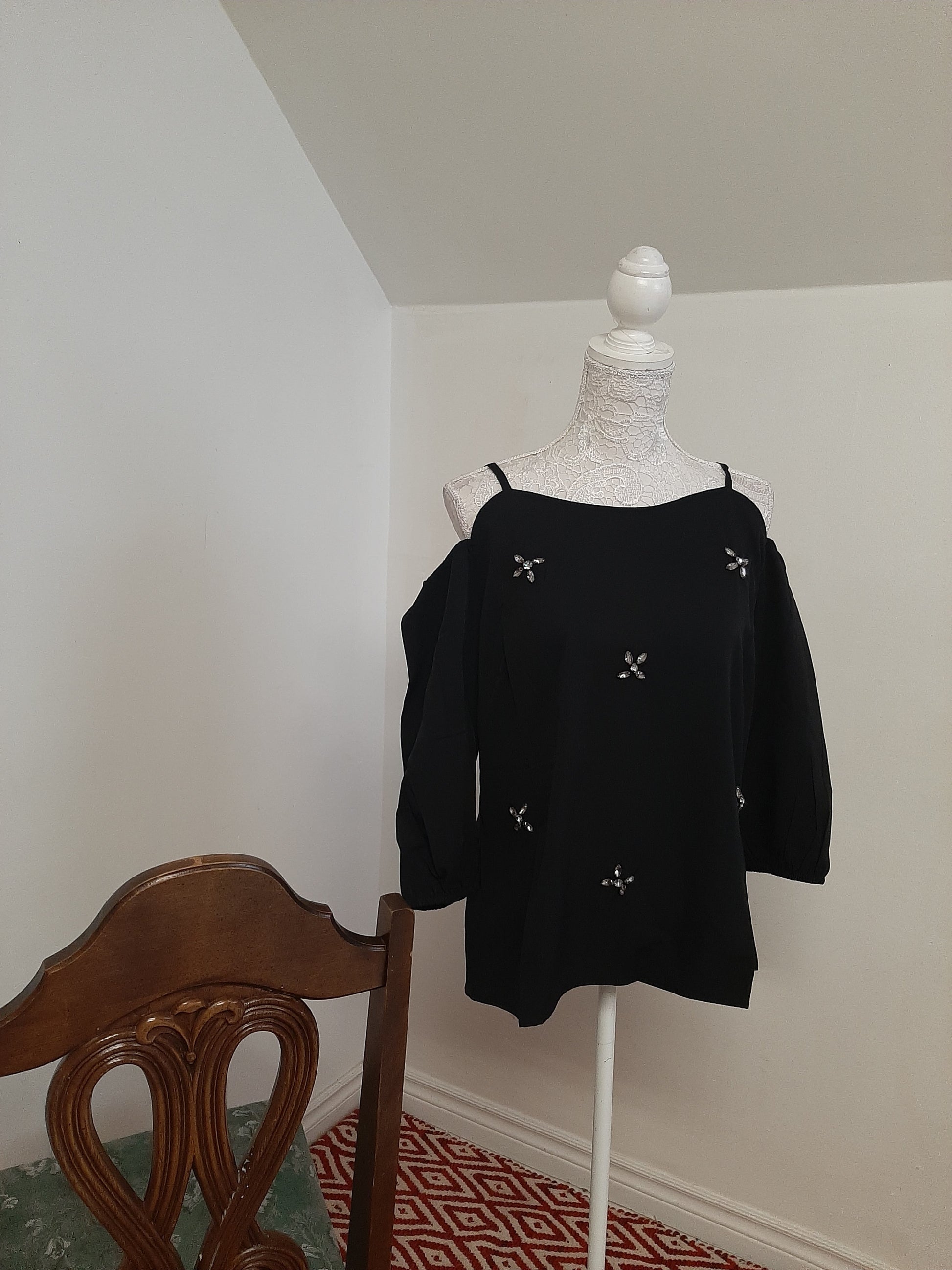 Black Embellished Open Shoulder Top @ DressingStylesCA.com