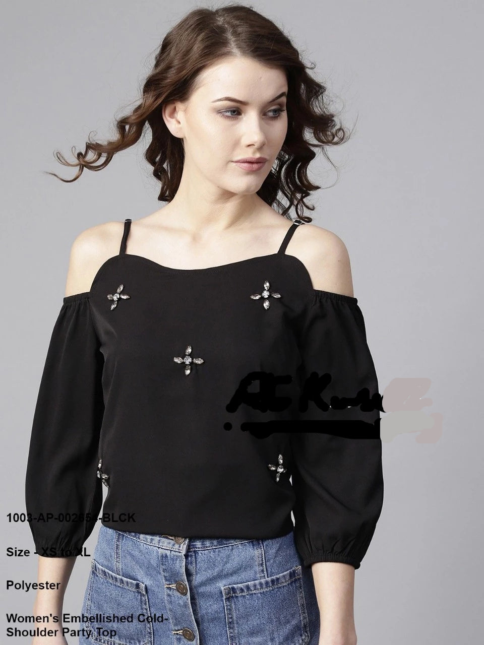 Black Embellished Open Shoulder Top @ DressingStylesCA.com