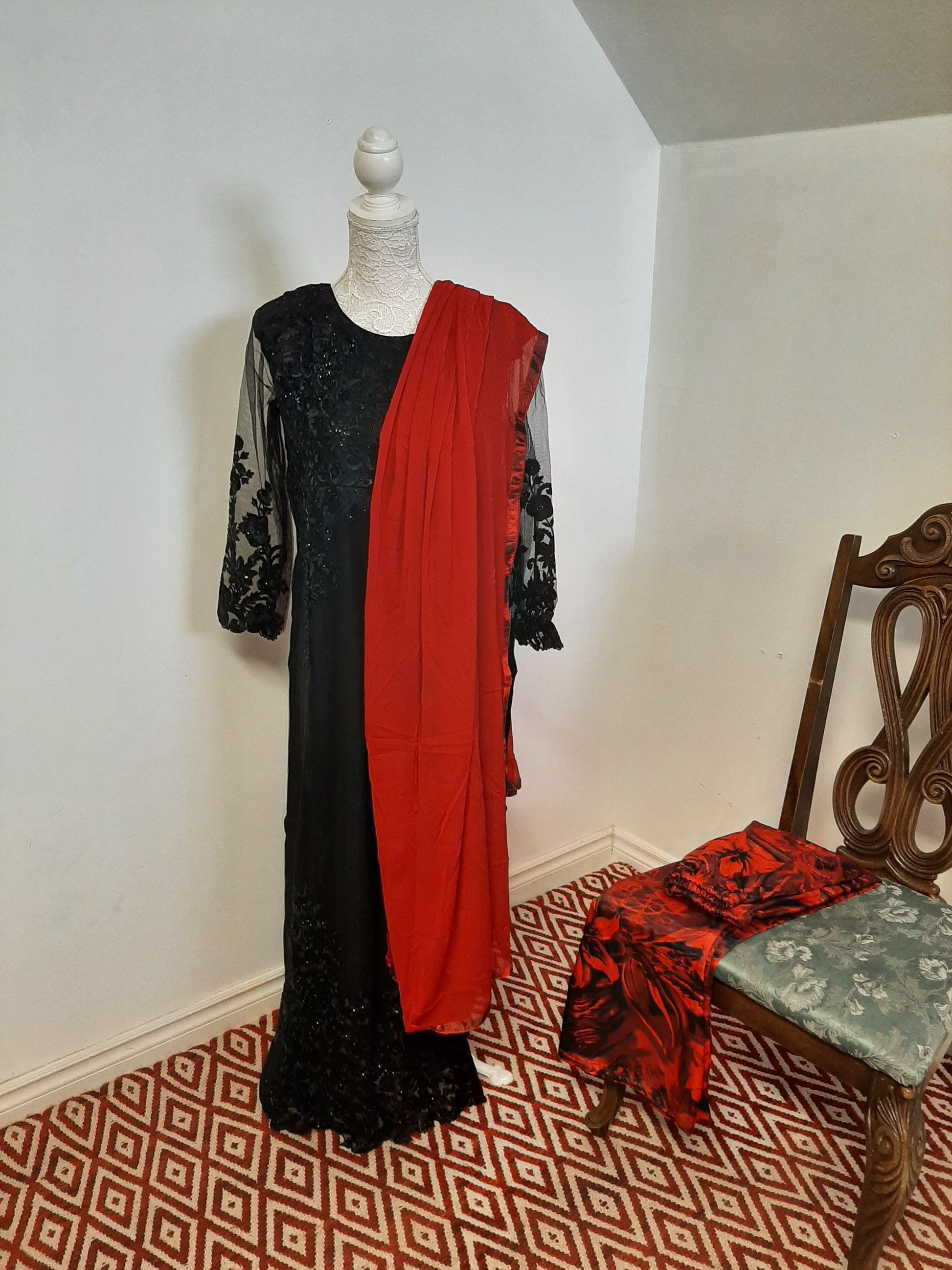 Black Kurti- Red Printed Palazzo & Red Dupatta @ DressingStylesCA.com