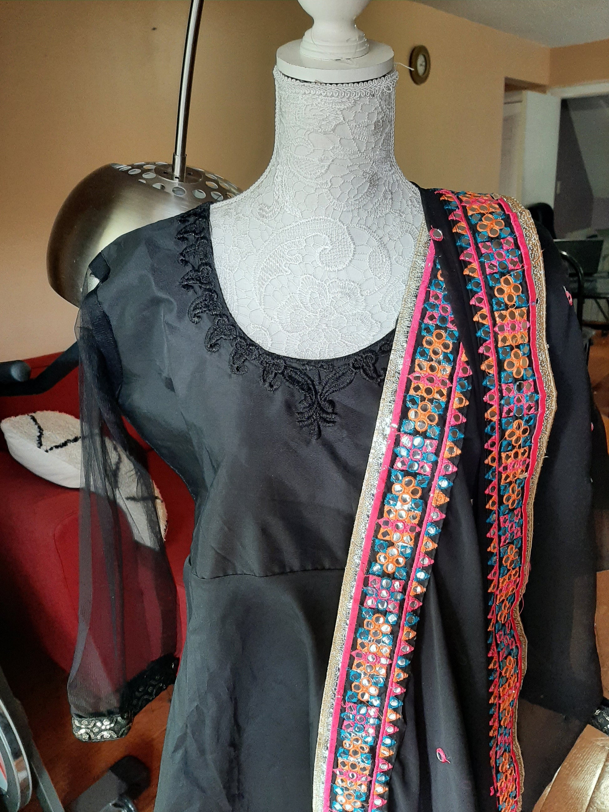Black Long Gown- Embroidered Dupatta @ DressingStylesCA.com
