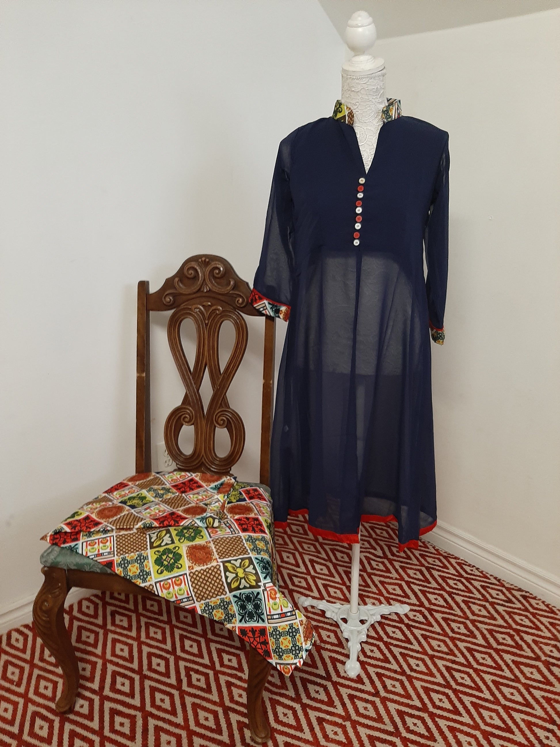 Blue Georgette Kurti split with a Multicolored Skirt @ DressingStylesCA.com