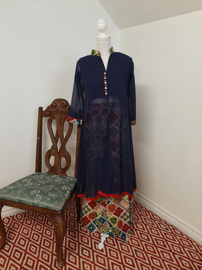 Blue Georgette Kurti split with a Multicolored Skirt @ DressingStylesCA.com