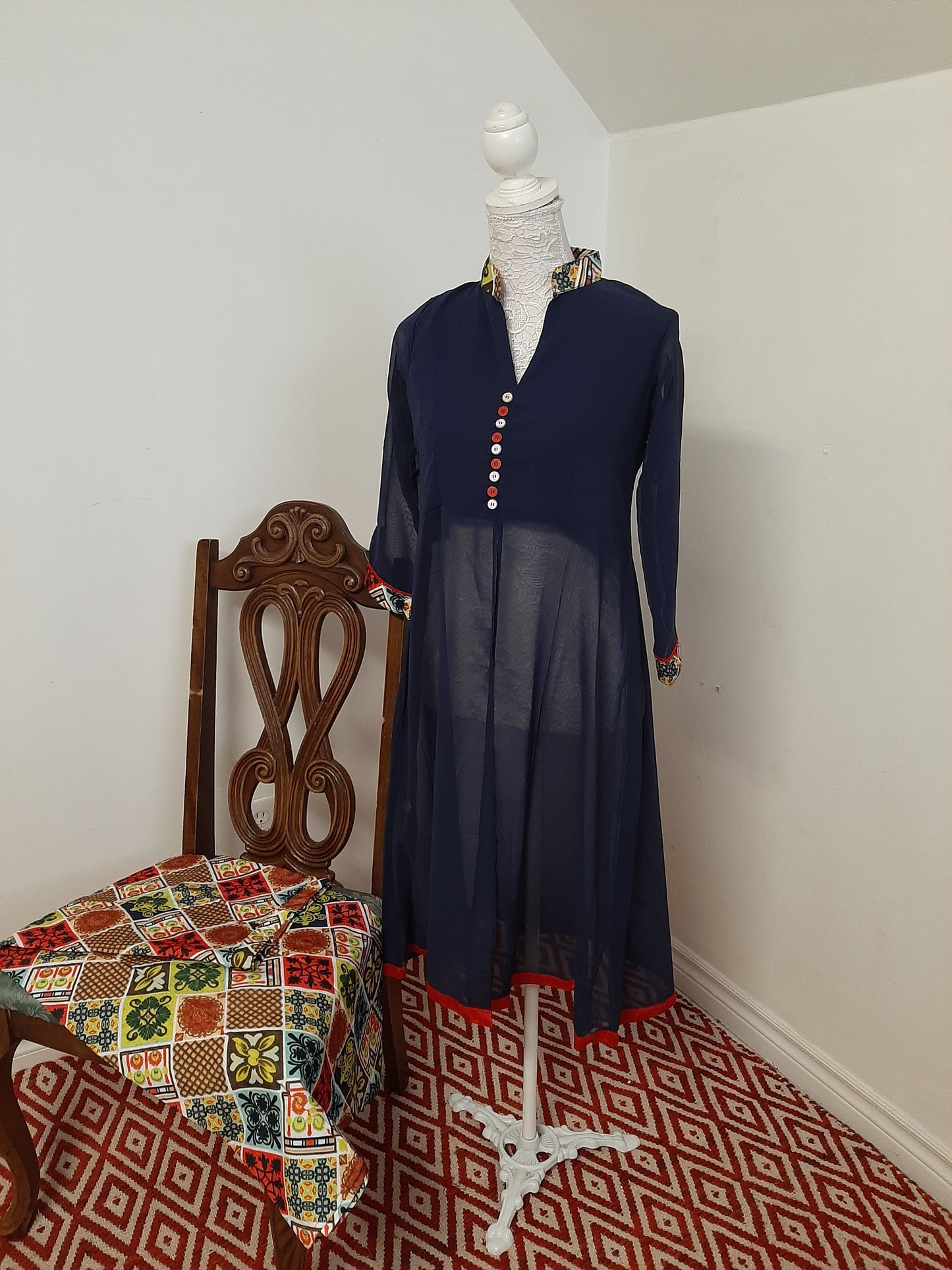 Blue Georgette Kurti split with a Multicolored Skirt @ DressingStylesCA.com