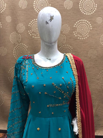 Blue Long Gown With Red Dupatta @ DressingStylesCA.com